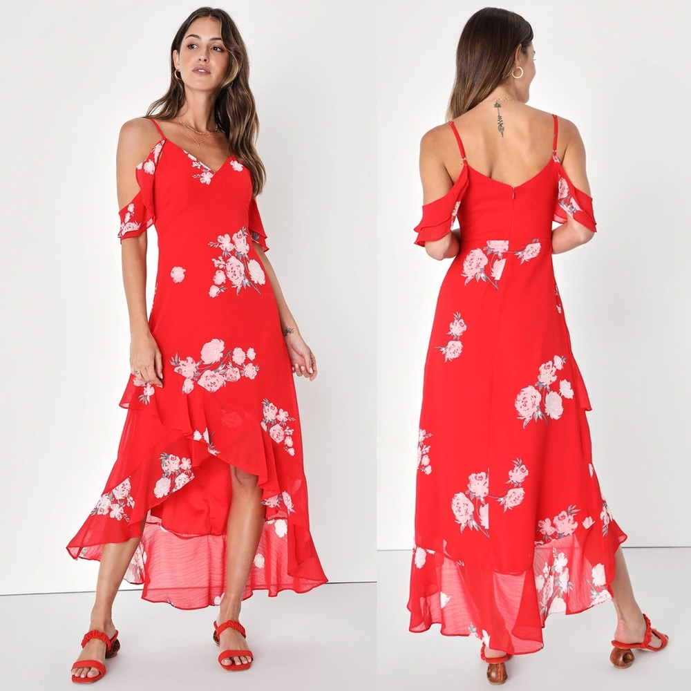 Lulus Love in Bloom Red Floral Print Off-the-Shoulder High-Low Dress Size Large